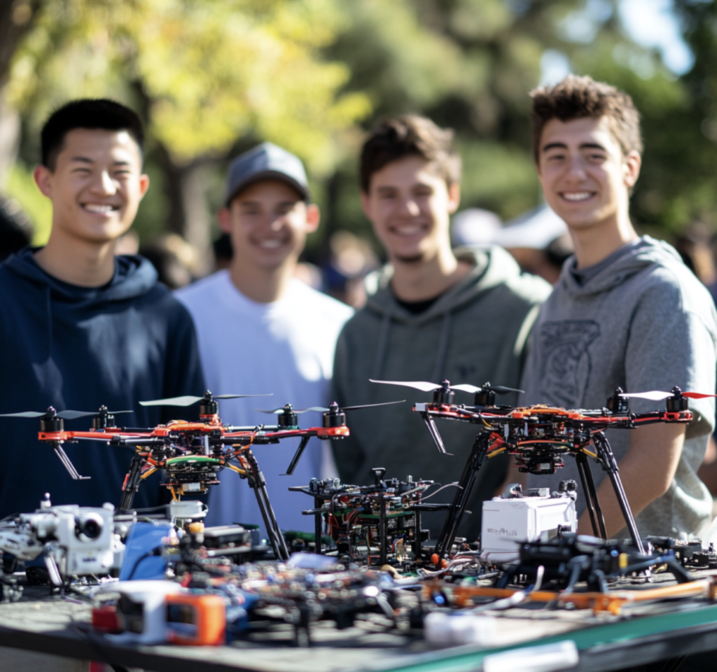Group of children enthusiastically learning how to operate drones